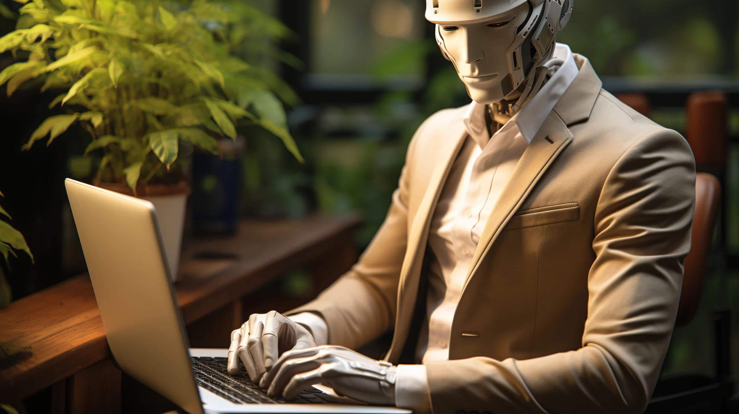 Robot pracujący przy laptopie - agenci AI w pracy zdalnej.