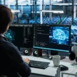 Programista analizujący model sztucznej inteligencji na ekranach komputera