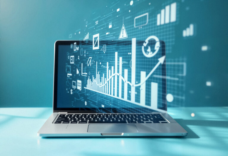 Laptop wyświetlający wykresy i dashboard analizy danych symbolizujące pracę analityka danych.