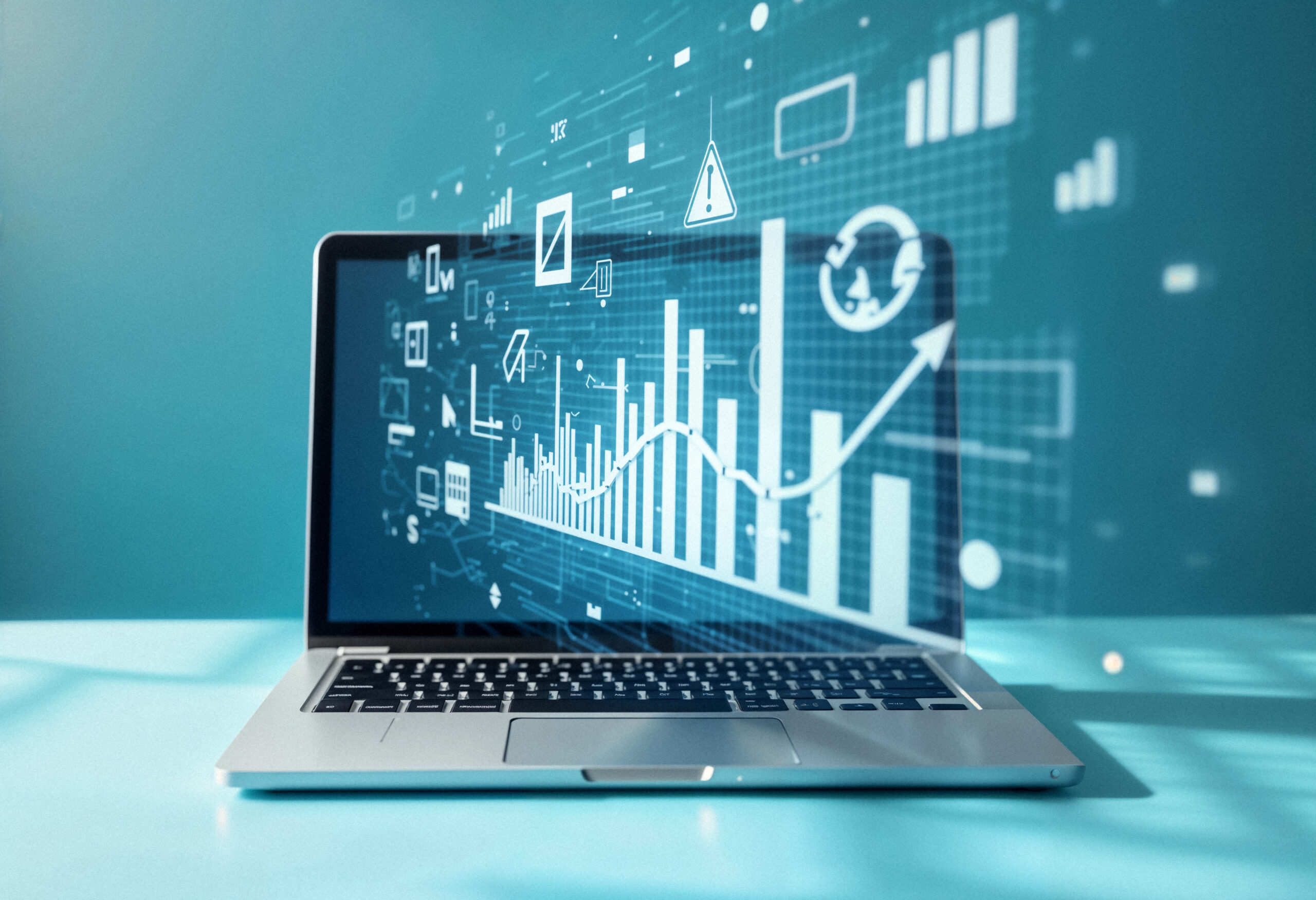 Laptop wyświetlający wykresy i dashboard analizy danych symbolizujące pracę analityka danych.
