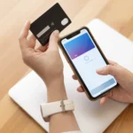 Osoba trzyma czarną kartę płatniczą i smartfon z aplikacją portfela do płatności zbliżeniowych