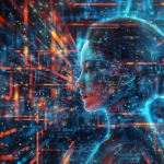 Futurystyczna wizualizacja cyfrowej twarzy kobiety w neonowych barwach, symbolizująca sztuczną inteligencję wspierającą efektywność w pracy zdalnej.