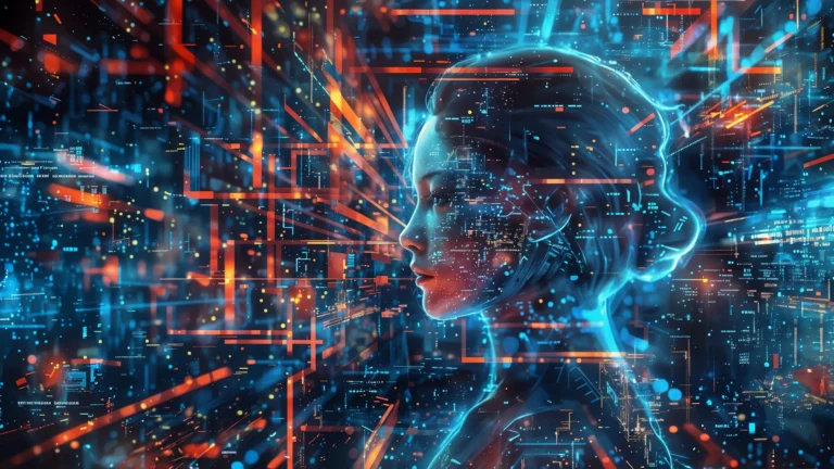 Futurystyczna wizualizacja cyfrowej twarzy kobiety w neonowych barwach, symbolizująca sztuczną inteligencję wspierającą efektywność w pracy zdalnej.