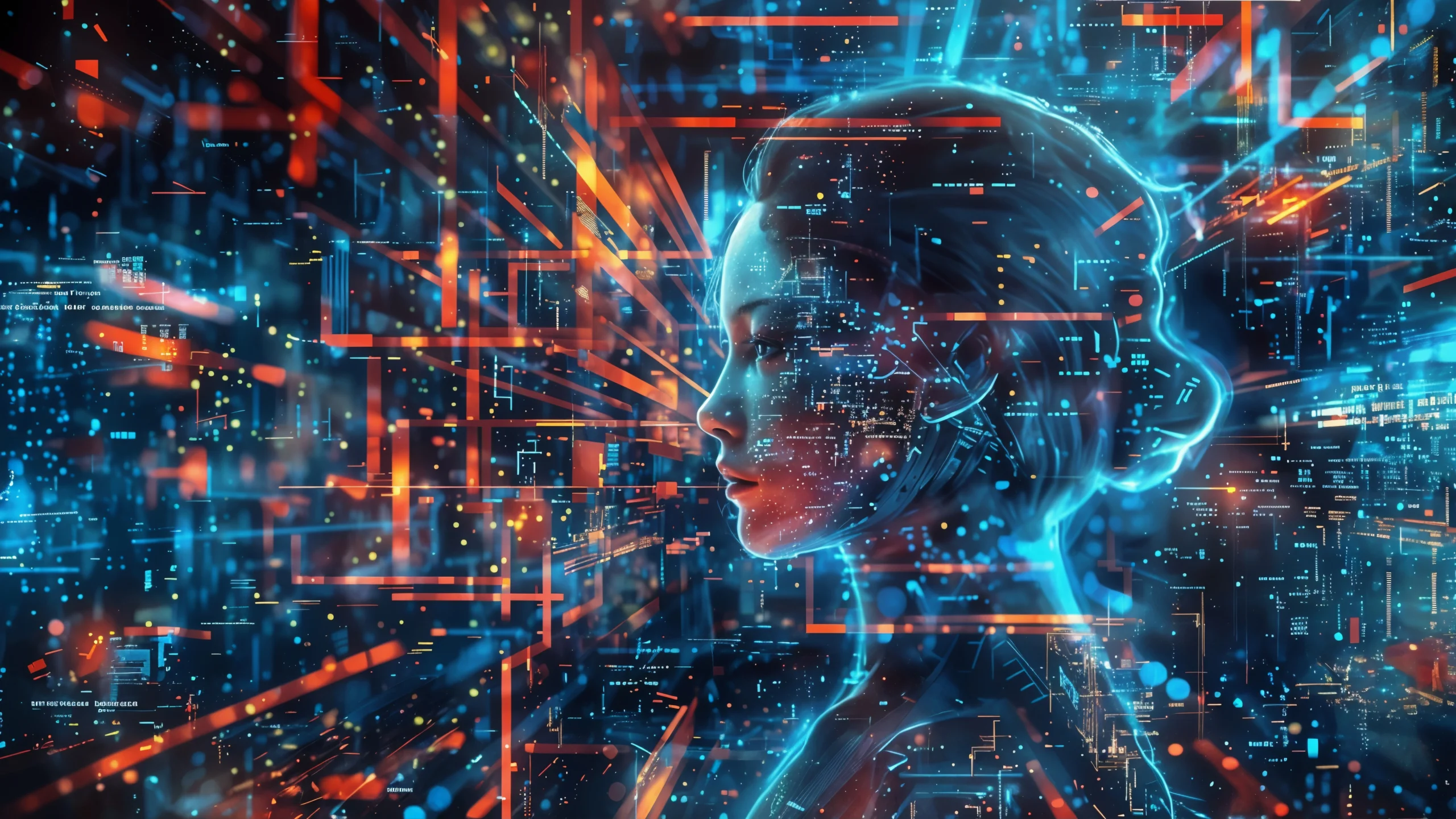 Futurystyczna wizualizacja cyfrowej twarzy kobiety w neonowych barwach, symbolizująca sztuczną inteligencję wspierającą efektywność w pracy zdalnej.